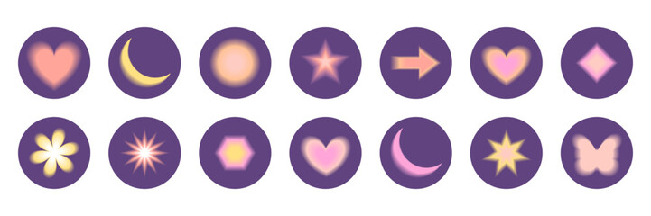 Blurry gradient moon, star, heart, flower, butterfly and other abstract shapes in y2k style. Round violet stickers pack. Vector illustration