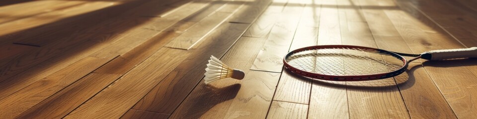 elegant minimalist badminton racket with a shuttlecock on a wooden floor, suggesting the quiet luxury of the sport, for a sports club's premium offerings or a sophisticated sports equipment catalogue - obrazy, fototapety, plakaty