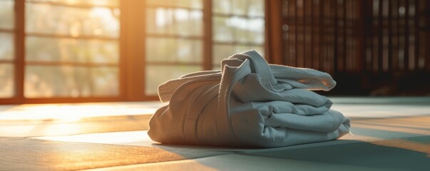A folded high-quality jiu-jitsu gi basks, evoking the disciplined quiet luxury of martial arts, for a martial arts academy brochure or a luxury lifestyle magazine featuring elite sports training