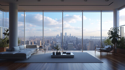 A high-rise apartment with a minimalist façade, featuring large windows that showcase breathtaking views of the city skyline. 