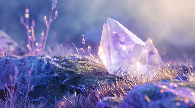 a diamond crystal is placed on a rock with grass in t