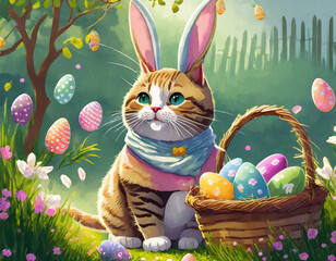 Katze im Garten als Osterhase verkleidet mit bunten Eiern im Korb 