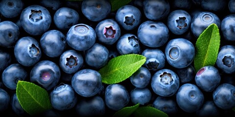 Closeup of Fresh Blueberries with Green Leaves, Food Background. Ripe Fruit Pile. Generative AI