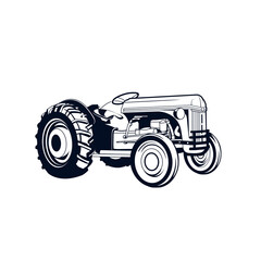 Black and white tractor Illustration. Transparent background.