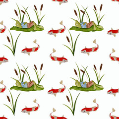 Watercolor summer pattern with frog, reeds, koya fish