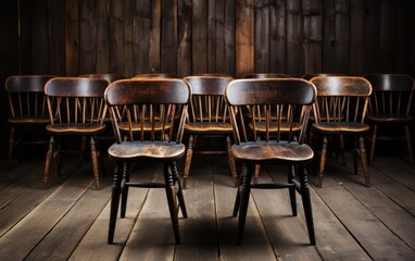 Row of aged wooden chairs in a rustic barn setting with vintage appeal
