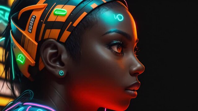 dazzling African woman in neon lights that cover her head, creating a mesmerizing visual spectacle