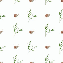 Watercolor summer pattern with grass and snails