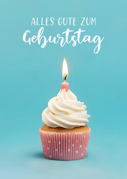 Cupcake mit einer Kerze und handgeschriebene Phrase Alles gute zum Geburtstag.