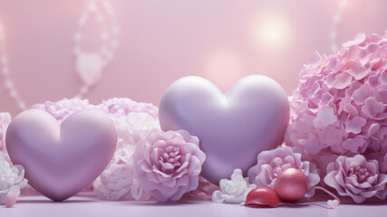 Fototapeta premium Corazones de color rosa rodeado de rosas y pétalos del mismo color, sobre superficie también rosa y fondo desenfocado efecto bokeh, concepto san valentín