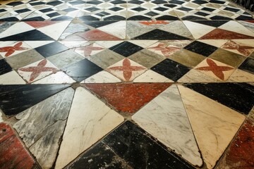Antique floor tile in white, red and black colours 