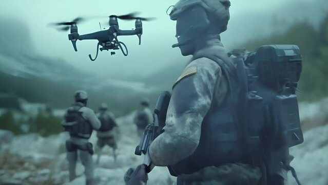 a group of soldiers walks through a mountainous landscape with a flying drone. The concept of using quadcopters in war