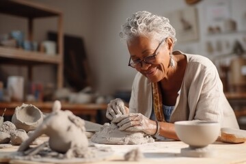 Elderly African American woman sculpting from clay