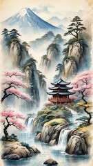 Elegant background with traditional Japanese landscape, vertical, Asian watercolor, mountains and sakura