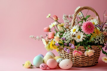Fototapeta na wymiar Basket with colorful Easter eggs and blooming flowers 