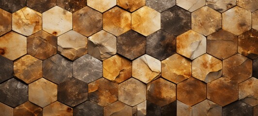 Granite marble stone hexagonal bricks texture. Honeycomb stone bricks wall banner wallpaper.