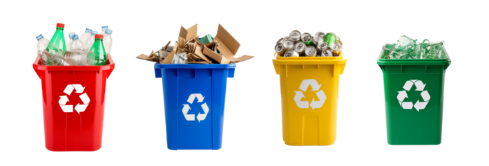 yellow, red, blue, green recycle bins full of recycling materials isolated on transparent white background