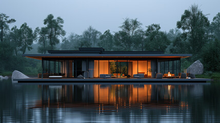 A modular, floating residence surrounded by water, featuring clean lines and glass walls for a seamless connection to nature. 