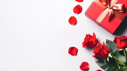 Valentines Day background with red roses and gift box with copy space.