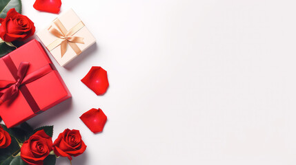 Valentines Day background with red roses and gift box with copy space.