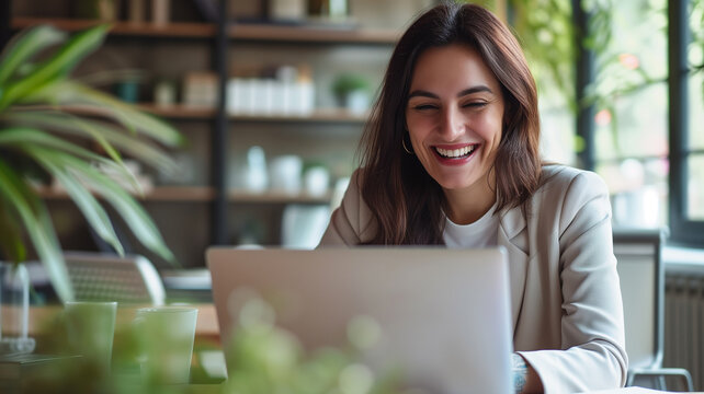 Happiness, laptop and typing professional woman, advocate or government attorney reading feedback review. Corporate research, law firm and business lawyer working on legal project development plan. 