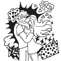 lovers on a date. couple hugging and kissing.people in lines doodle style.template for poster invitation sticker logo website design