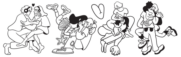 set of lovers on a date. couple hugging and kissing.people in lines doodle style.template for poster invitation sticker logo website design