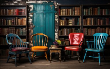 Fototapeta na wymiar Colorful vintage chairs against a bookshelf backdrop in a rustic library