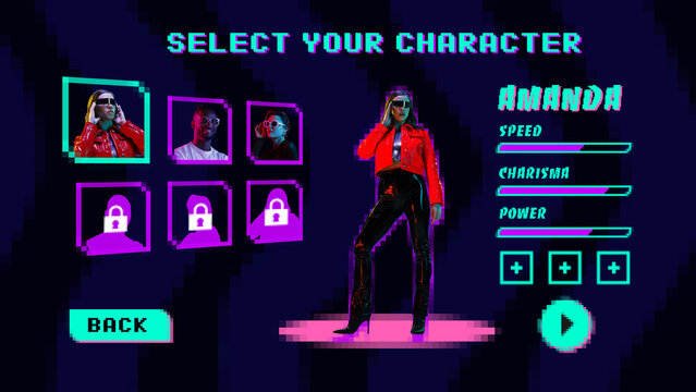 Modern aesthetic artwork. Online gaming. Young woman dressed futuristic fashion outfit looks as video-game character. Concept of self-expression, self development and career growth, level up. Ad - Powered by Adobe