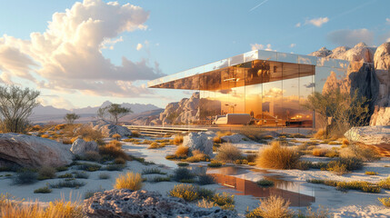 A monochromatic desert dwelling with a mirrored exterior, reflecting the shifting sands and disappearing into the vastness. 