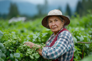 senior female farmer harvesting fresh vegetables on a organic vegetable farm, concept of healthy food