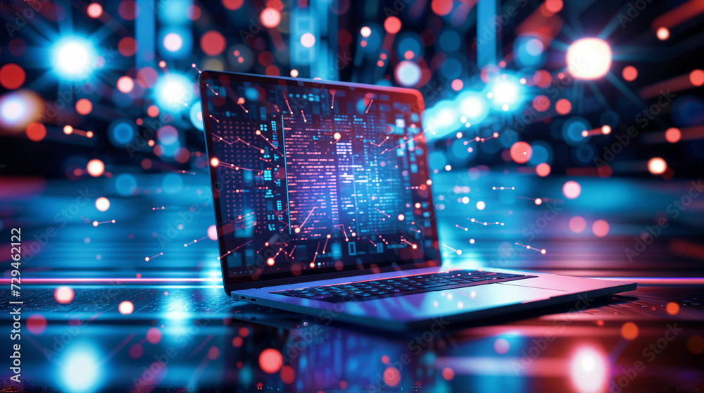 Wall mural a laptop illuminated by neon lights with night city lights on the background. cyberpunk style image 