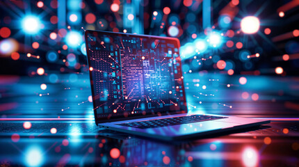 A laptop illuminated by neon lights with night city lights on the background. Cyberpunk style image for projects about computer technologies and global networking.