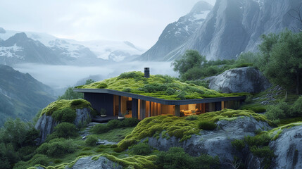A mountain cabin with a green roof, camouflaged within the landscape and promoting environmental sustainability. 