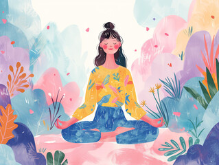 woman with closed eyes sitting cross legged on floor and meditating. Meditation, relaxation at home, spiritual practice, yoga & breathing exercise. Banner illustration with copy space