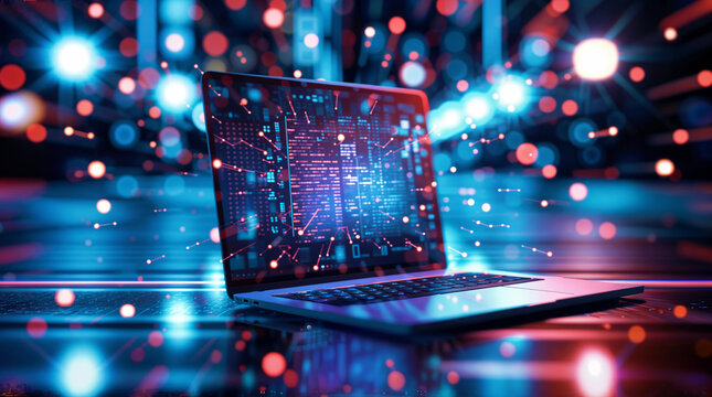 A laptop illuminated by neon lights with night city lights on the background. Cyberpunk style image for projects about computer technologies and global networking.