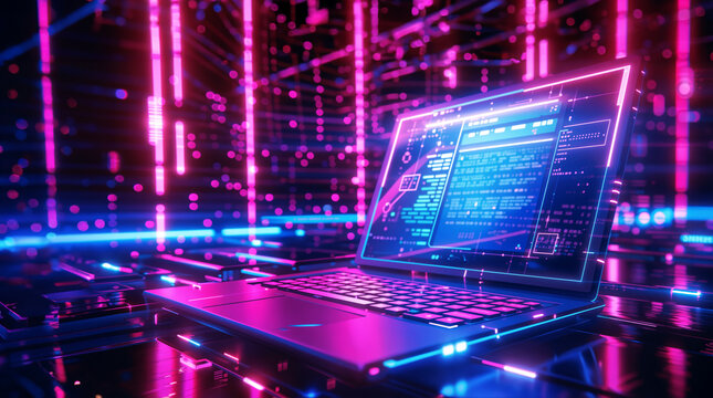 Cyberpunk style image of a laptop illuminated by neon lights with night city lights on the background. For projects about computer technologies and global networking  and more.
