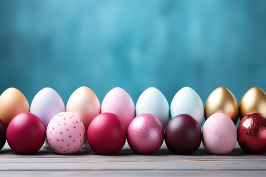 A variety of colorful Easter eggs on a wooden table against a solid blue background.