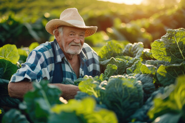 Naklejka na ściany i meble senior male farmer harvesting fresh vegetables on a organic vegetable farm, concept of healthy food