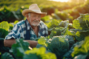 senior male farmer harvesting fresh vegetables on a organic vegetable farm, concept of healthy food