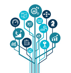 Banner KPI concept with icons. Key Performance Indicator using Business Intelligence metrics to measure achievement versus planned target. eps 10