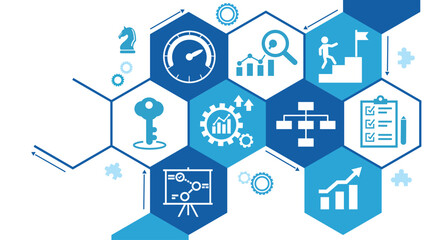 Banner KPI concept with icons. Key Performance Indicator using Business Intelligence metrics to measure achievement versus planned target. eps 10