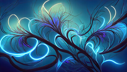 Abstract intricate intertwined flowers and branches on blue neon light, background for design on digital art concept.