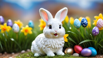 Easter bunny with easter eggs, Generative AI