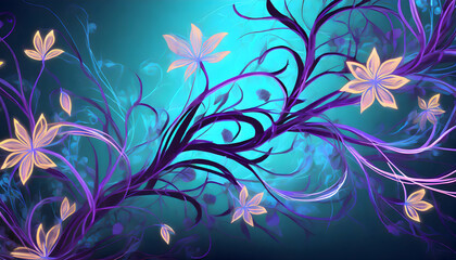 Fototapeta na wymiar Abstract intricate intertwined flowers and branches on blue neon light, background for design on digital art concept.