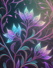 Abstract intricate intertwined flowers and branches on blue neon light, background for design on digital art concept.