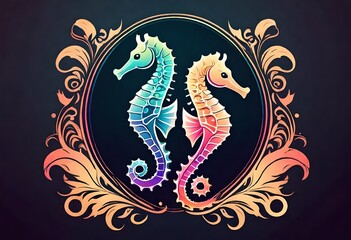 only one beautiful Gradient ornamental seahorse logo design vector on dark background