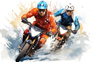 Illustrated action scene of motorcyclists racing with a splatter paint effect - obrazy, fototapety, plakaty