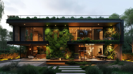 A suburban home with a green living wall, blending modern architecture with natural elements in a residential setting. 