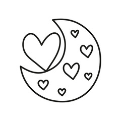 Doodle outline celestial moon with hearts.